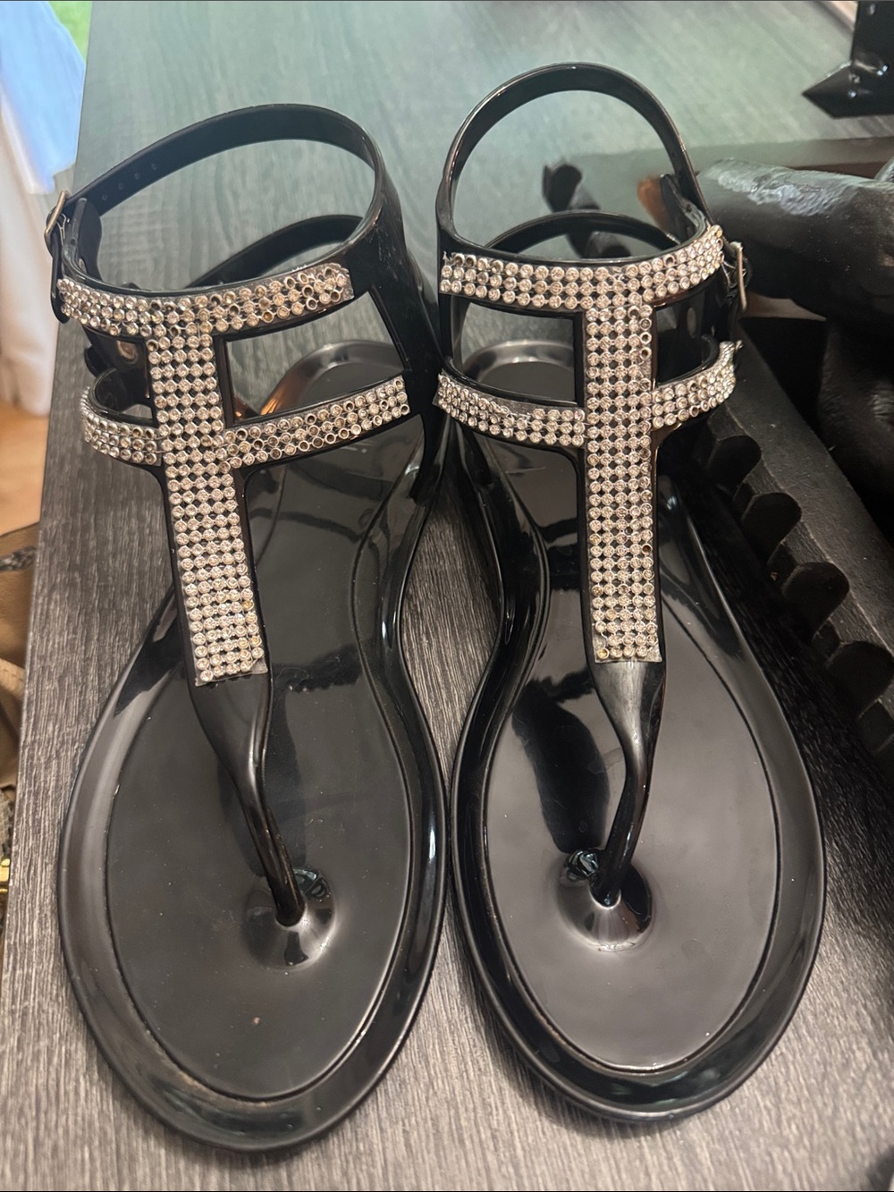Black Rhinestone T-Strap Women's Sandals